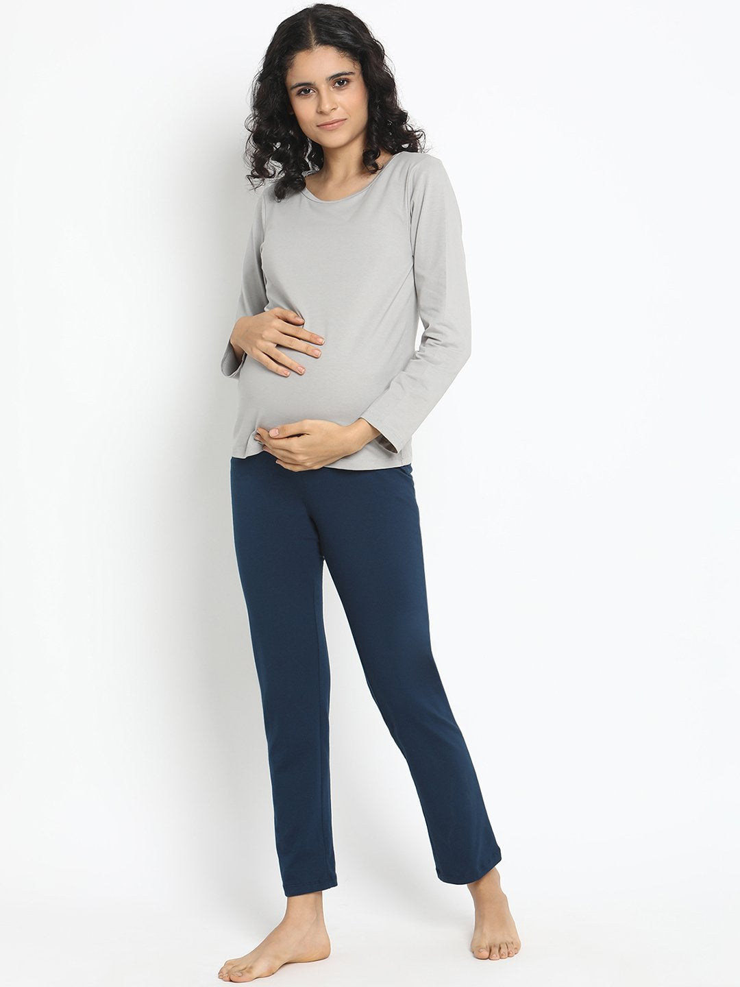 Baby Moo Soft And Comfy Mid-Calf Length Maternity Pant Solid - Navy Bl